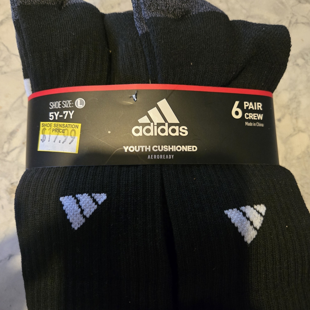 adidas Youth Cushioned Crew Socks - Black with White Logo (6 Pair)